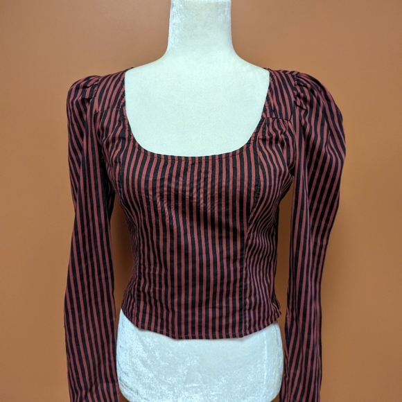 Free People Top Red Black Vintage Stripe Caroline Puff Sleeve Top Size XS - Picture 4 of 15
